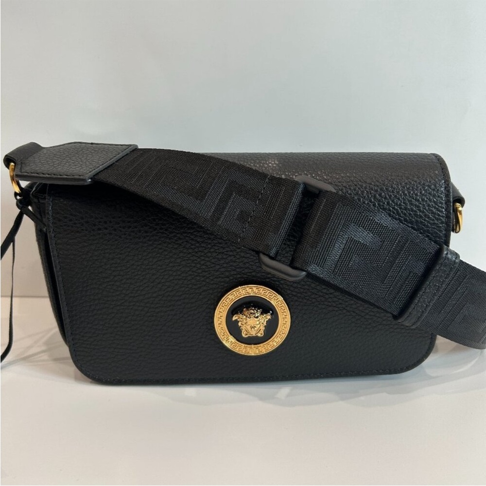 Versace Black Leather Medusa Logo Flap Bag with Guitar Strap NEW
